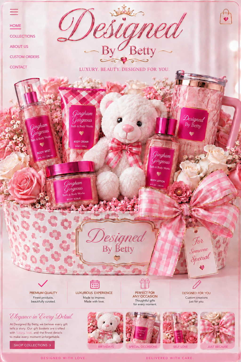 Pink gift basket with Bath & Body Works Gingham Gorgeous products, roses, teddy bear, bow, and a Designed by Betty tumbler