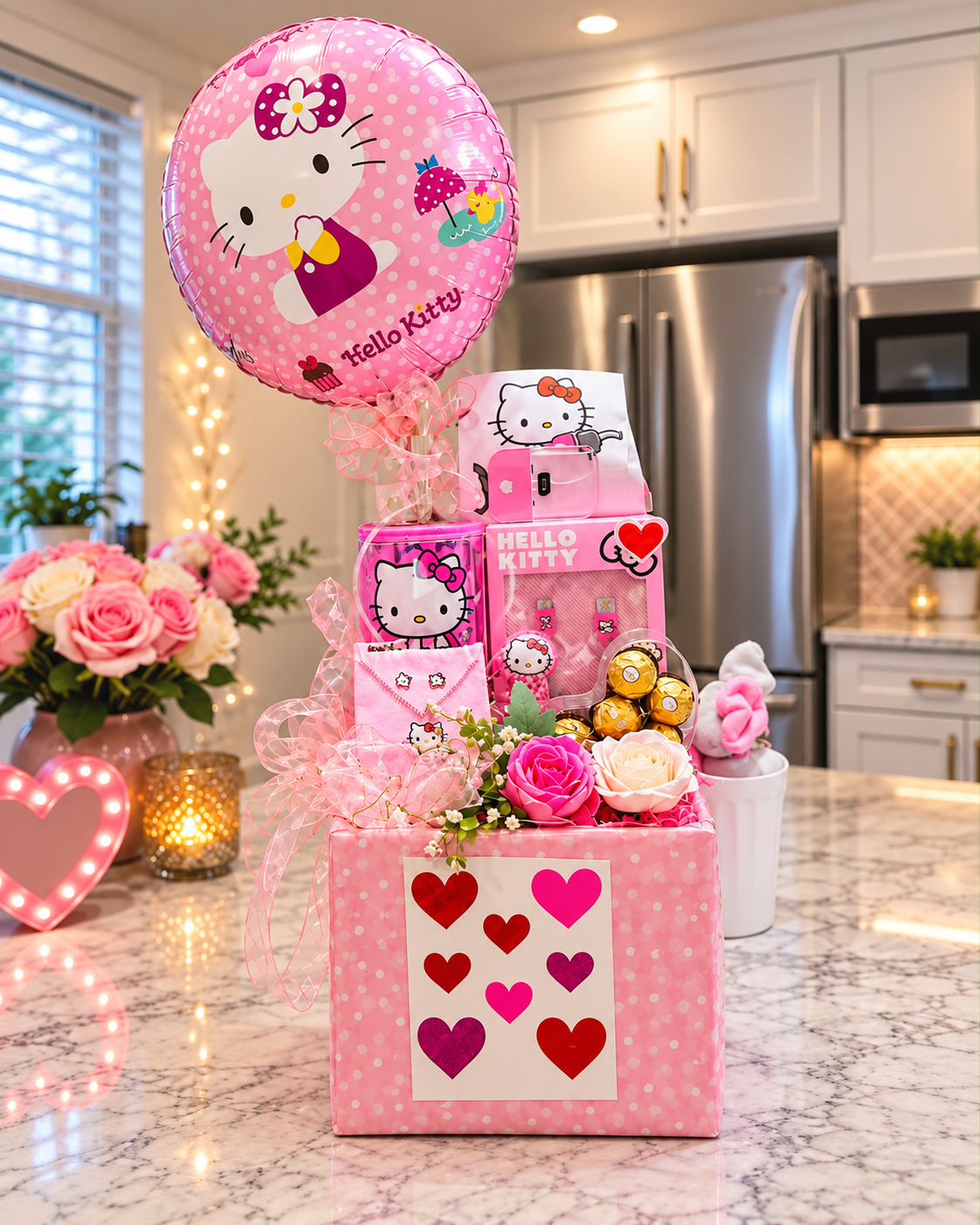 Hello Kitty celebration gift box with a pink balloon, roses, chocolates, and themed gifts