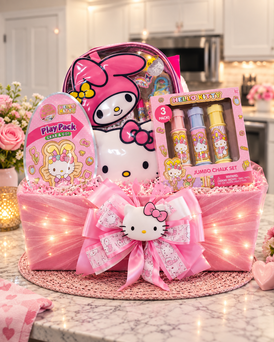 Pink Hello Kitty and My Melody activity basket with a backpack, play pack, chalk set, and oversized bow
